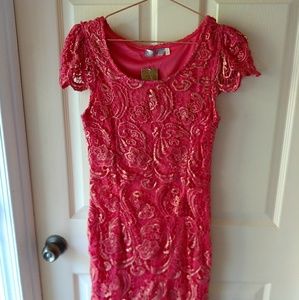 Francesca's coral with gold highlites lace dress